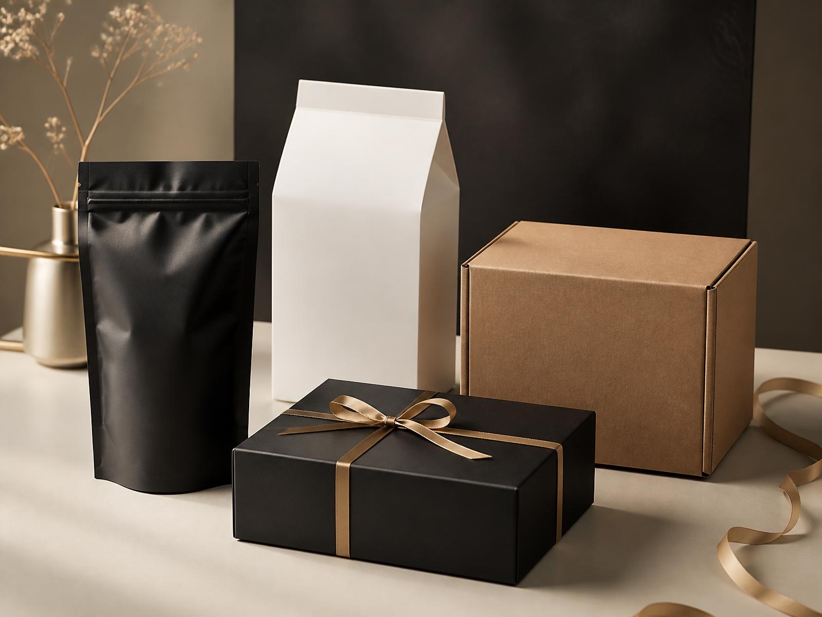 Matte black stand-up pouch, white cosmetic carton, kraft corrugated box and black ribbon gift box