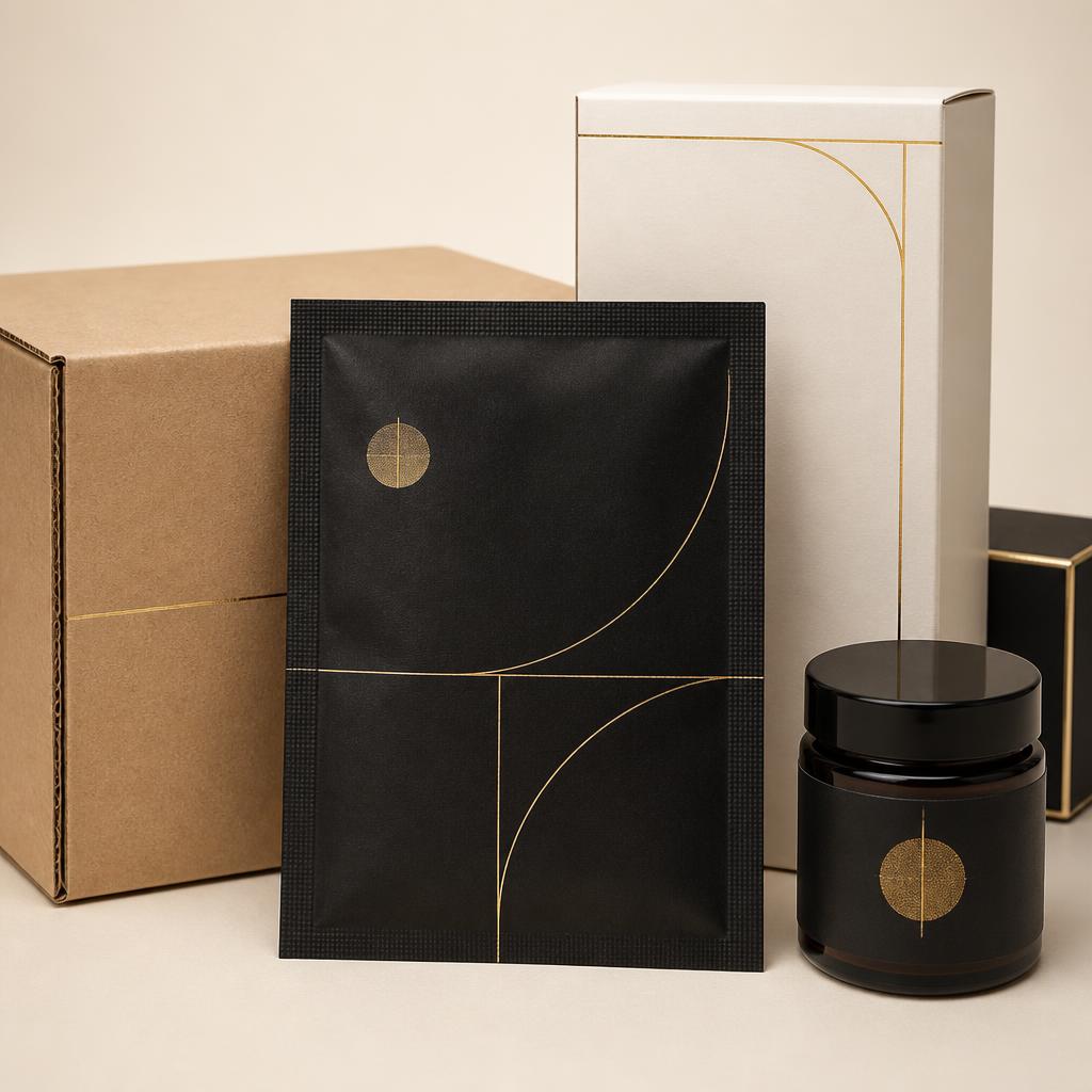 Custom printed three-side-seal pouch, printed mono carton, kraft corrugated box, labelled jar and premium rigid box by DGS Packaging